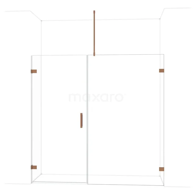 Heldere glazen douchewand met roségouden details, draaideur en modern design, perfect voor een stijlvolle badkamer.