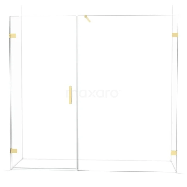 Glazen douchecabine met gouden accenten, ruime schuifdeur en modern design voor luxe badkamers.