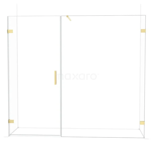 Inloopdouche met gouden accenten, helder glas en strak design, perfecte toevoeging aan een moderne badkamer.