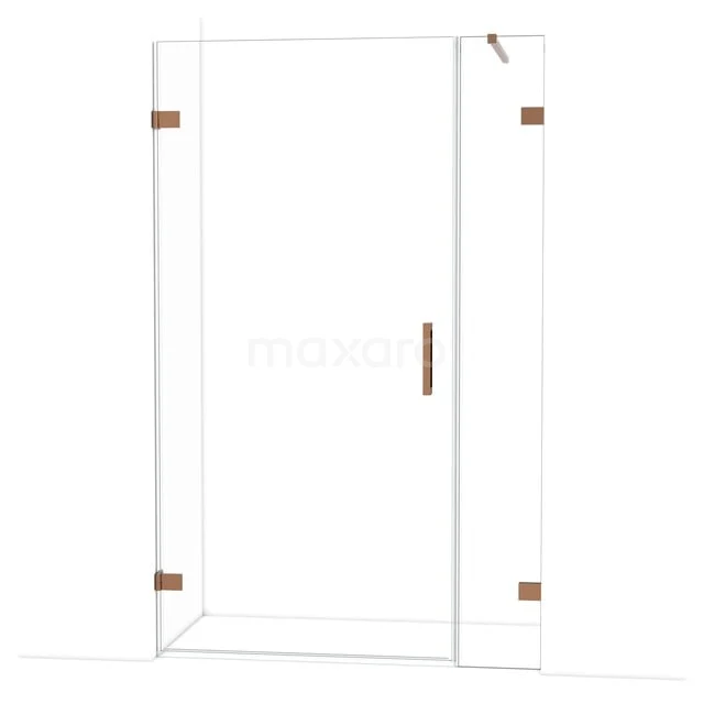 Douchedeur met helder glas, koperkleurige accenten en minimalistisch ontwerp; ideaal voor een stijlvolle badkamerinrichting.