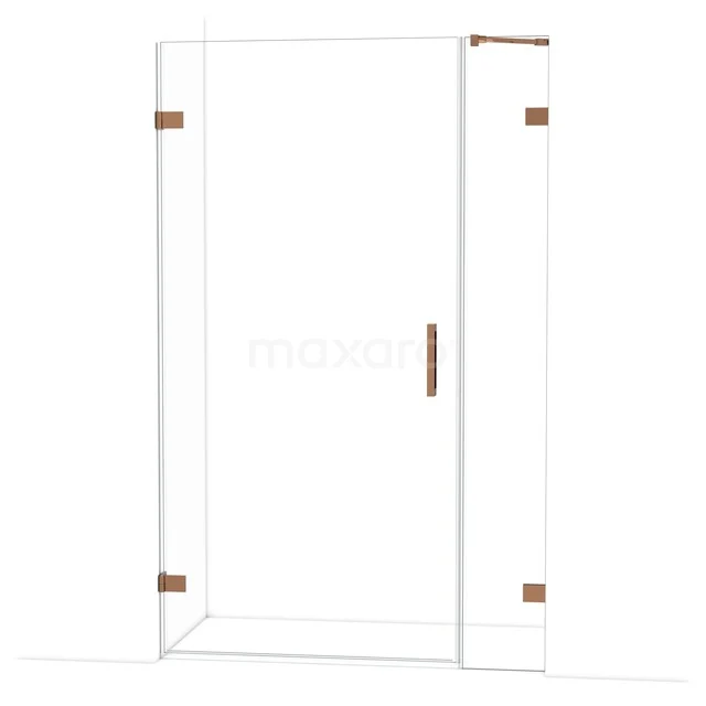 Glazen douchedeur met koperkleurige scharnieren en handgreep, strak design voor een moderne badkamer.