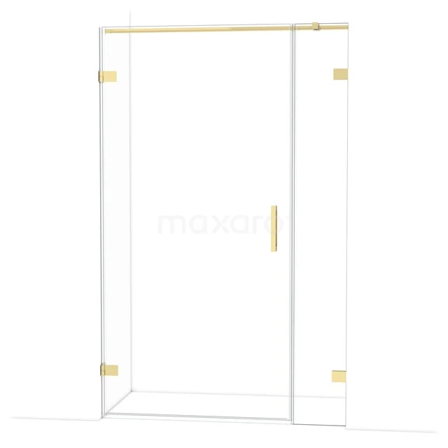 Glazen douchedeur met gouden details, frameloos ontwerp, ideaal voor een moderne badkamer.