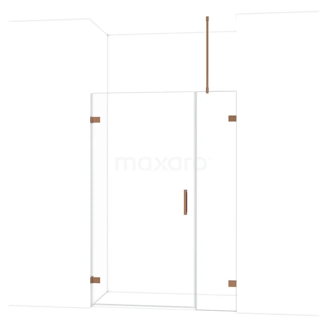 Strakke glazen douchedeur met matte afwerking en roségouden scharnieren, ideaal voor een moderne badkamerstijl.