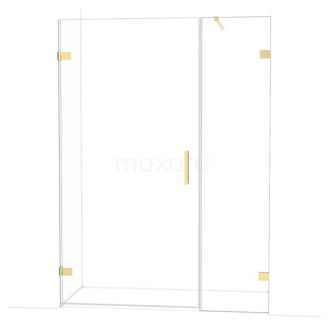 Glas Duschwand mit Tür, goldfarbene Scharniere und Haltegriff, modernes Design, ideal für ein stilvolles Badezimmer.