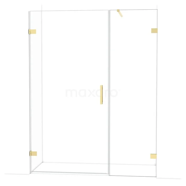 Glass shower wall with gold-coloured hinges and handle, sleek design for a modern bathroom.