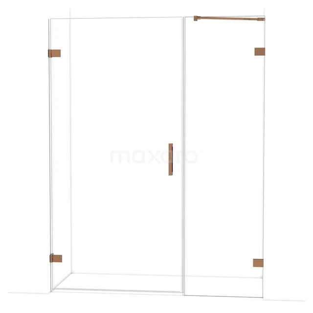 Glazen douchecabine met koperkleurige accenten, strak design, ideaal voor een moderne badkamer.