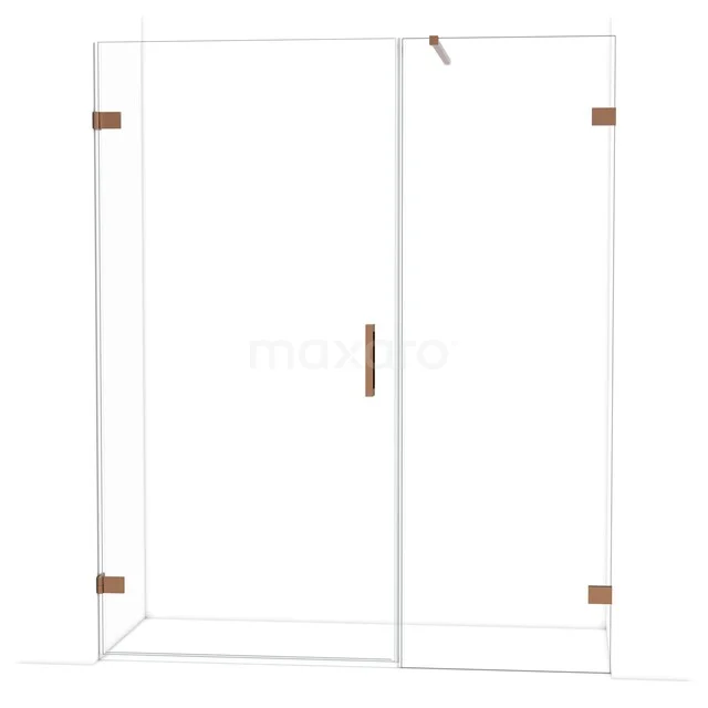 Diamond Shower door | 165 cm Shiny copper Clear glass Pivot door DDC211007120GKP Glazen douchewand met hoekopstelling, heldere deuren en rosegouden accenten, ideaal voor een moderne badkamerstijl.