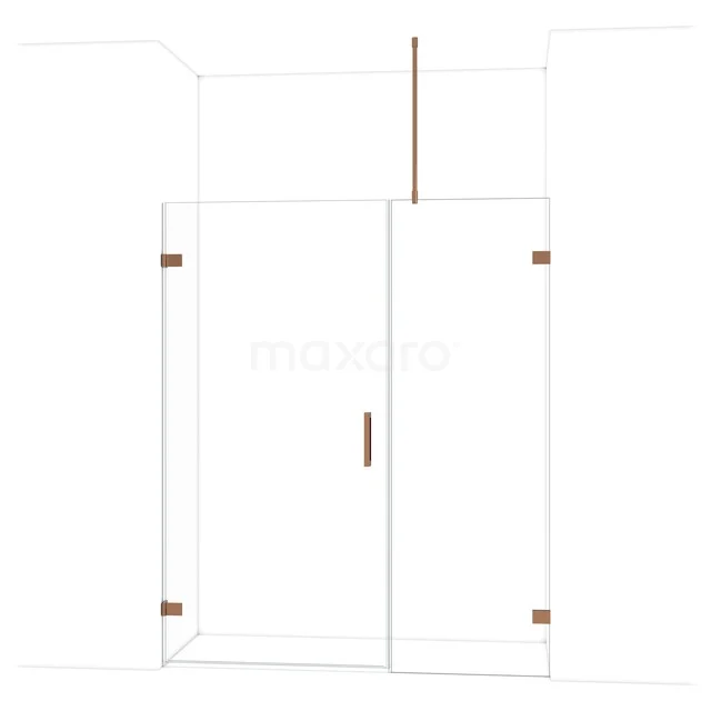 Glazen inloopdouche met koperkleurige accenten, strak design en modern profiel; ideaal als stijlvolle badkameroplossing.