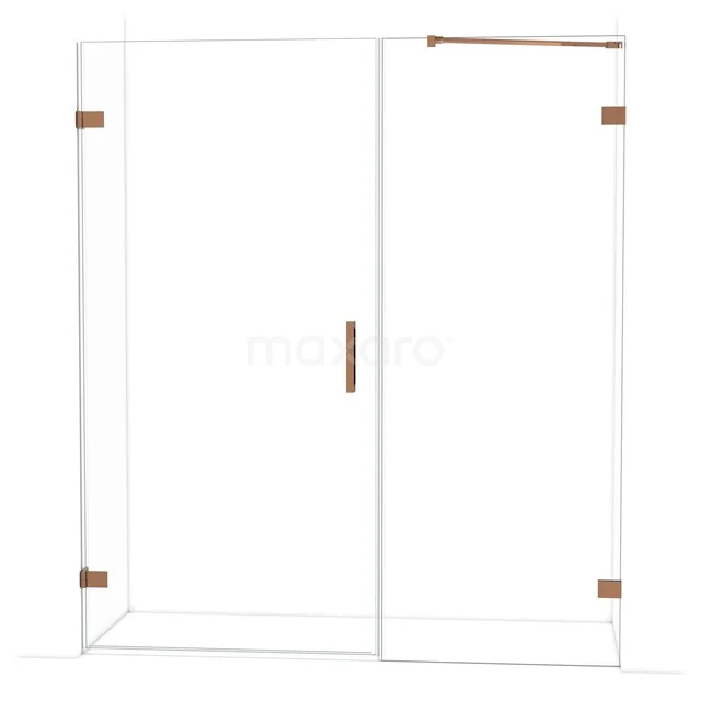 Glas Duschwand mit Schiebetür, klare Ausführung, kupferfarbene Details; elegantes Badezimmerdesign mit Premium-Aussehen.