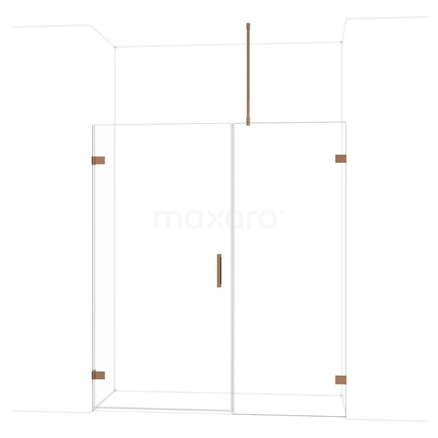 Douchecabine met glazen wanden, roestvrijstalen accenten en koperkleurige scharnieren, ideaal voor een moderne badkamer.