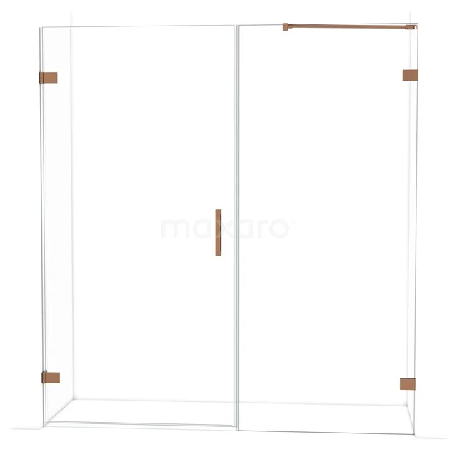 Glazen douchewand met schuifdeur, koperkleurige accenten, modern design, ideaal voor een stijlvolle badkamer inrichting.