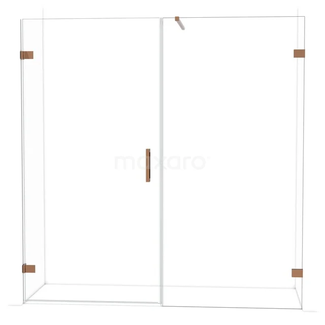 Glas Duschwand mit Schiebetür, kupferfarbene Akzente, minimalistisches Design, ideal für ein modernes Badezimmer.