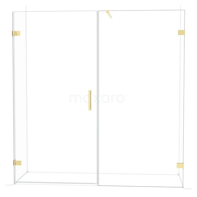 Glass shower wall with gold-coloured details, sliding door and sleek design, perfect for a modern bathroom decor.