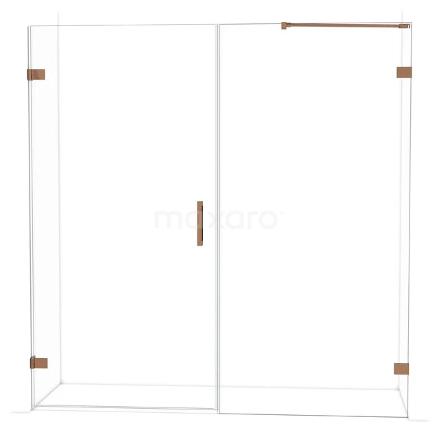 Glas Duschwand mit Schiebetür und Kupferdetails, modernes Design für ein stilvolles Badezimmer.