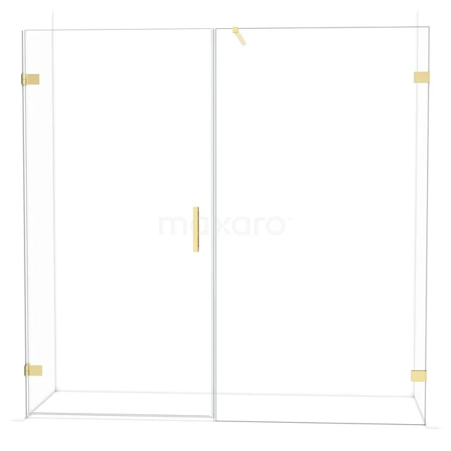 Glas Duschwand mit Schiebetür, Gold Akzenten und modernem Design, ideal für ein stilvolles Badezimmer.