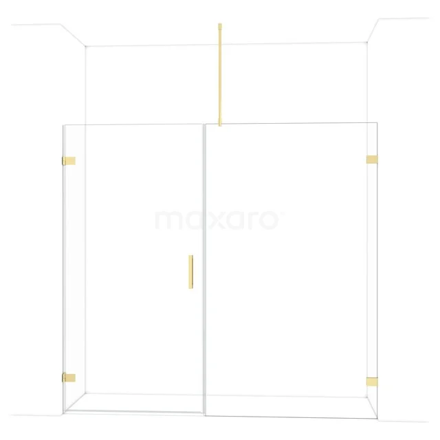 Glazen douchewand met gouden details, minimalistisch design, ideaal voor een moderne badkamer.