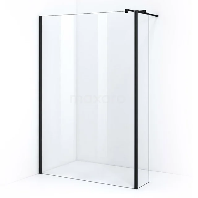 Pearl Walk-in shower | 140 cm Matte black Clear glass Fixed wall with side panel IPC142400MN Shower screen with black profile, clear glass, minimalist design; ideal for a modern bathroom.