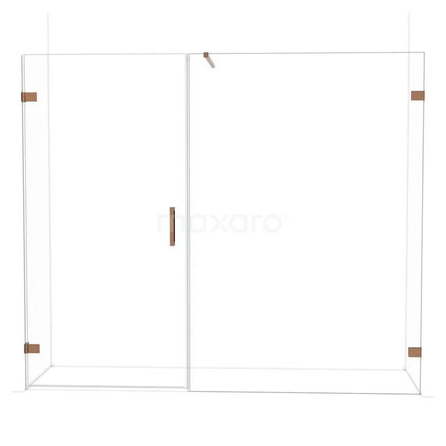 Glazen douchewand met schuifdeur, transparant design, messing details, ideaal voor een moderne badkamerstijl.