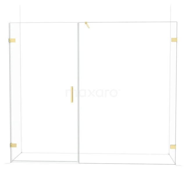 Shower wall in transparent glass with gold-coloured accents, perfect for a stylish and modern bathroom design.