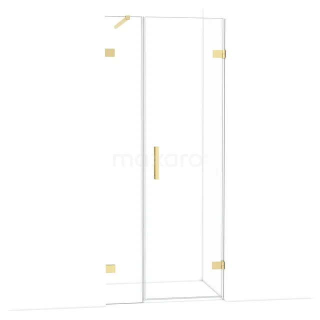 Glas Duschkabine mit Gold Details, klare Linien und modernes Design, ideal für ein luxuriöses Badezimmer.