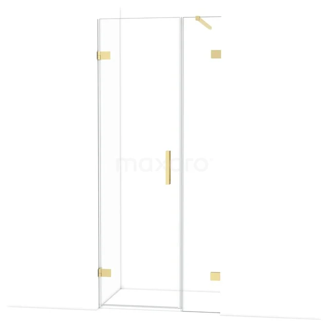 Glazen douchecabine met gouden details, strakke lijnen en modern design, ideaal voor een luxe badkamer.