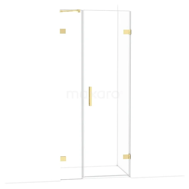 Glas Duschkabine mit goldfarbenen Scharnieren und Haltegriff, minimalistisches Design, ideal für luxuriöse Badezimmerinterieurs.
