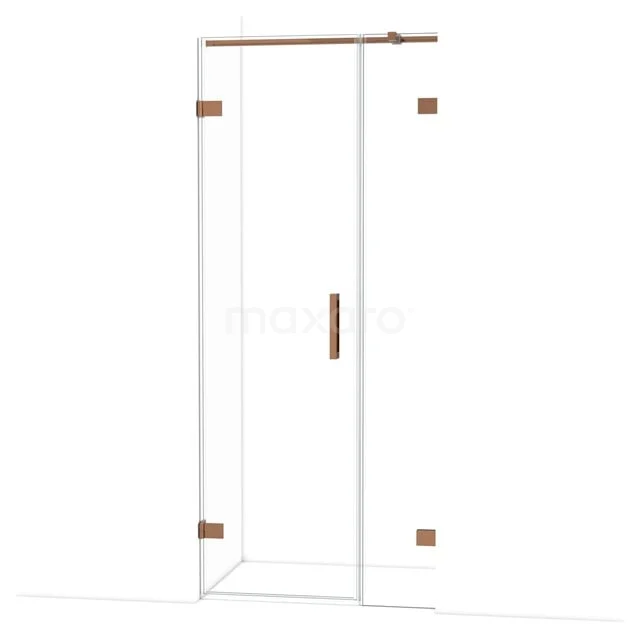 Douchedeur met helder glas, mat zwarte en koperen accenten, modern design; ideale stijlvolle scheidingswand voor de badkamer.