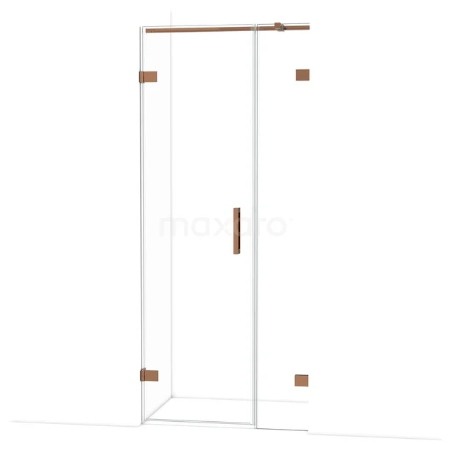 Douchedeur met helder glas, mat zwarte en koperen accenten, modern design; ideale stijlvolle scheidingswand voor de badkamer.