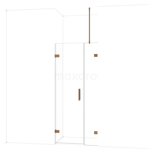 Inloopdouche met glazen wanden en koperkleurige accenten, modern design, perfect voor een stijlvolle badkamerinrichting.