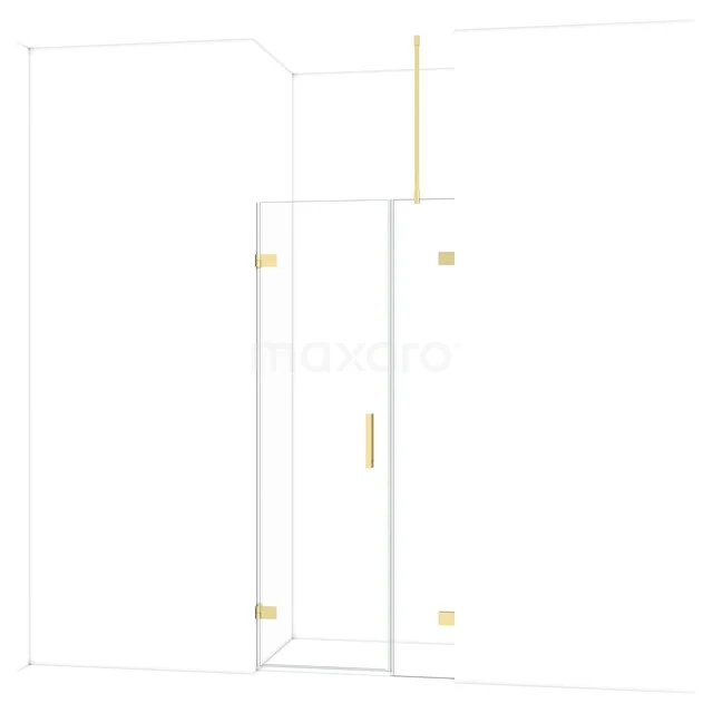 Glazen douchedeur met goudkleurige scharnieren, minimalistisch design, geschikt voor luxe badkamerinrichting.