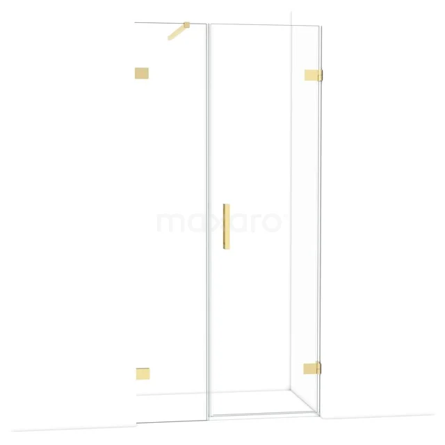Glazen douchedeur met goudkleurige scharnieren en handgreep, modern design voor een stijlvolle badkamer.