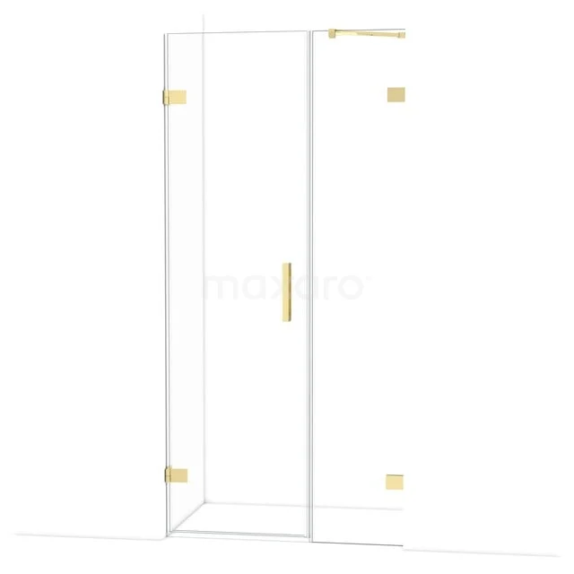 Douchecabine met goudkleurige accenten, transparant glas en minimalistisch design, perfect voor een luxe badkamerinrichting.