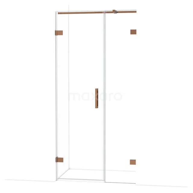 Glazen douchedeur met koperkleurige accenten, roldeur systeem en strak design; perfect voor een moderne badkamerstijl.