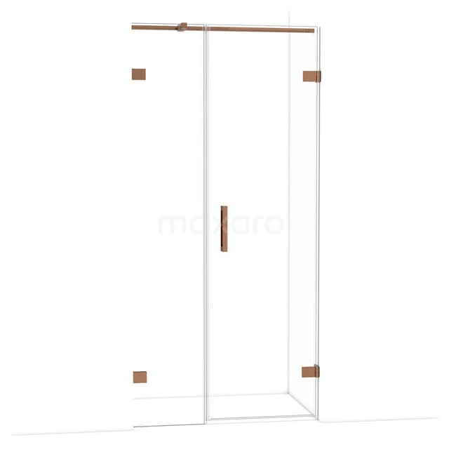 Glazen douchedeur met koperkleurige accenten, roldeur systeem en strak design; perfect voor een moderne badkamerstijl.