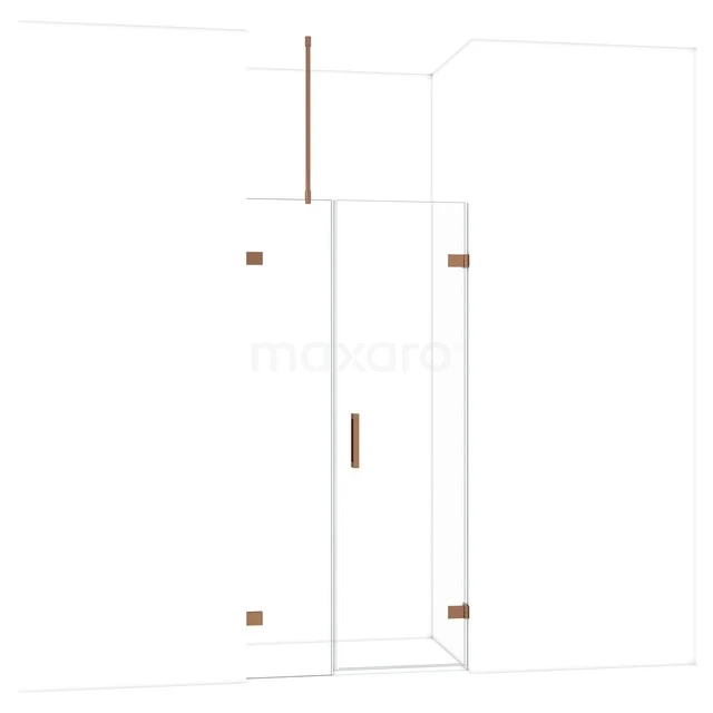 Glas Duschwand mit kupferfarbenen Details und Drehtür, modernes Design für ein stilvolles Badezimmer.