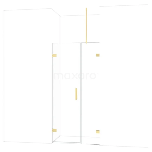 Inloopdouche met glazen panelen en gouden accenten, moderne badkamerstijl.