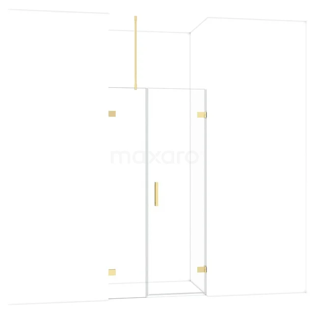 Walk-in shower with glass panels and gold accents, modern bathroom style.