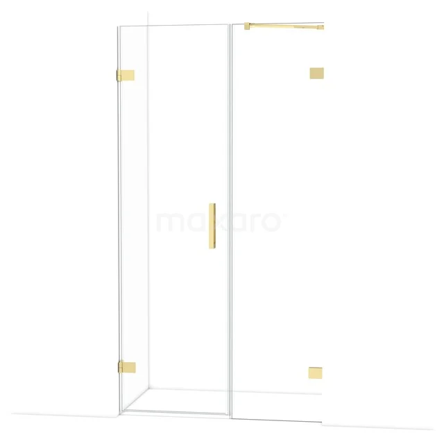 Douchedeur van helder glas met gouden scharnieren en handgreep, luxe toevoeging voor een moderne badkamer.