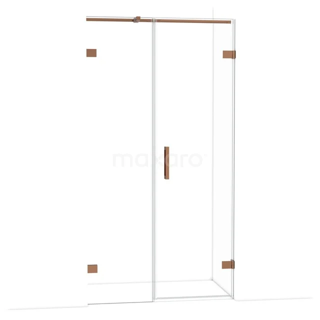 Glasene Duschwand mit kupferfarbenen Akzenten, einschließlich Schiebetür. Stilvolle Ergänzung für moderne Bäder.