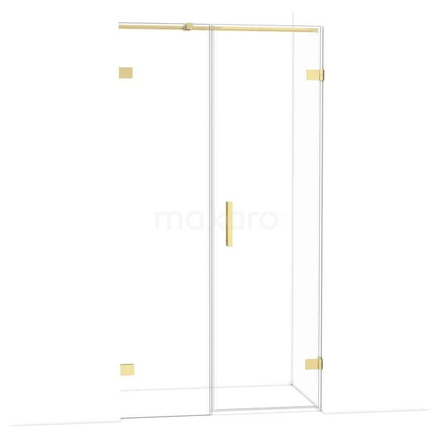Glazen douchedeur met gouden scharnieren en handgreep, modern design, perfect voor een luxueuze badkamerstijl.