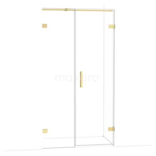 Transparante glazen douchedeur met gouden scharnieren en handgreep, elegant design, ideaal voor elke moderne badkamer.