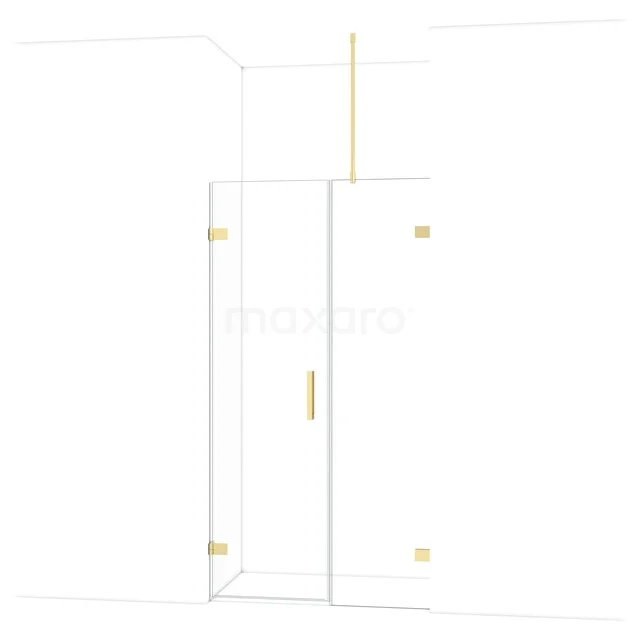 Douchewand met gouden accenten, minimalistisch design, gemaakt van helder glas, perfect voor een stijlvolle badkamerinrichting.