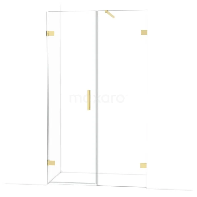 Glazen douchewand met goudkleurige scharnieren en handgreep, modern design, ideaal voor een stijlvolle badkamer.
