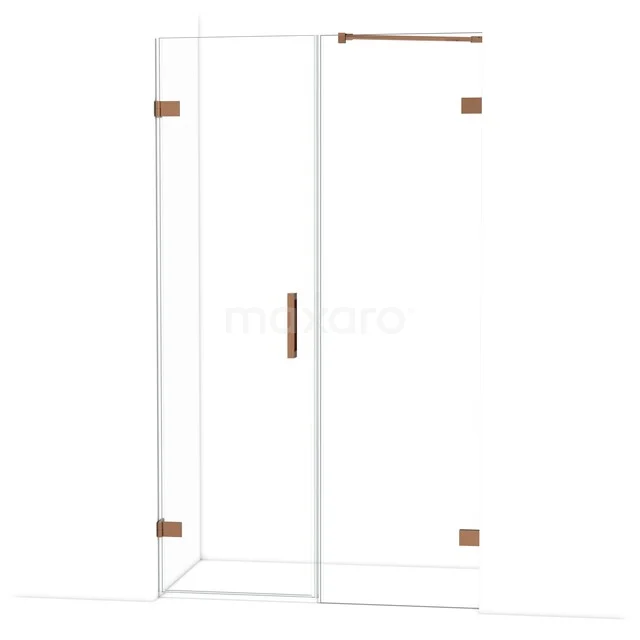 Douchecabine met helder glas, koperkleurige details en strak ontwerp; perfecte toevoeging aan een moderne badkamer.