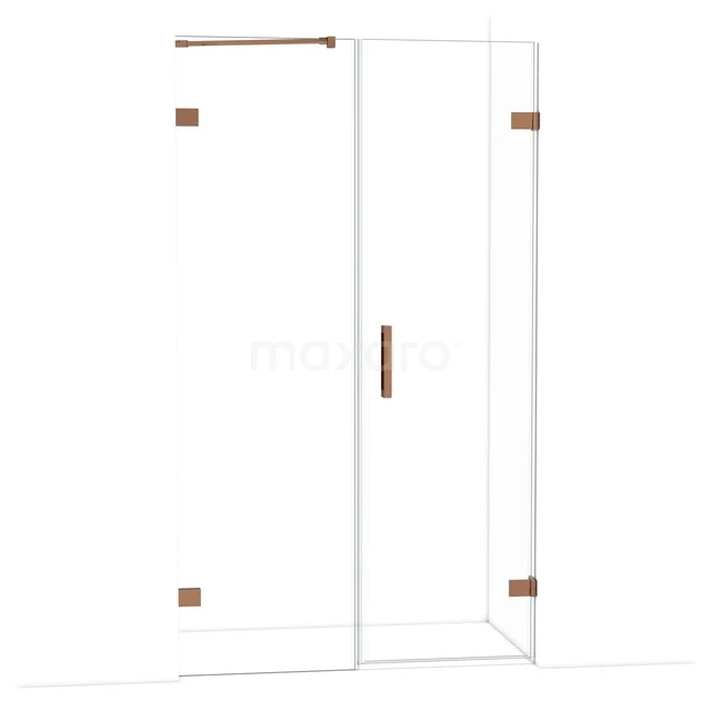 Duschkabine mit Klarglas, kupferfarbenen Details und schlankem Design; perfekte Ergänzung zu einem modernen Badezimmer.