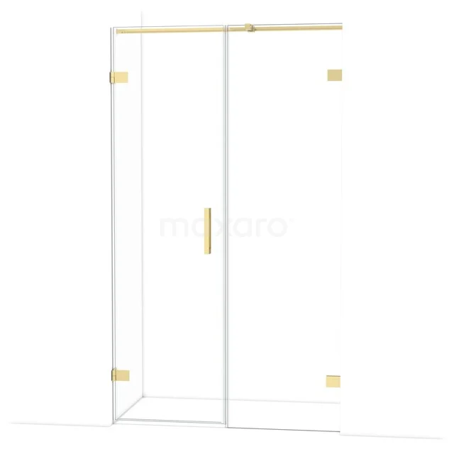 Glazen douchecabine met gouden accenten, strak design en minimalistische uitstraling, ideaal voor een moderne badkamer.