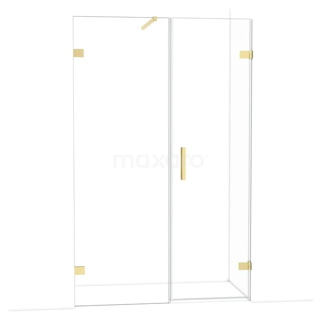 Glas Duschwand mit Gold Scharnieren und Haltegriff, modernes Design, perfekt für eine stilvolle Badezimmergestaltung.