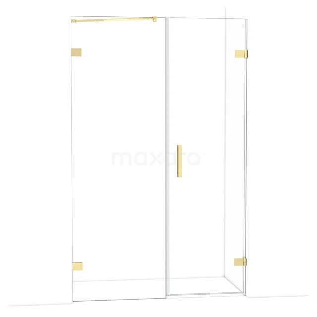 Glas Duschwand mit goldfarbenen Akzenten, minimalistisches Design, ideal für eine moderne Badezimmergestaltung.