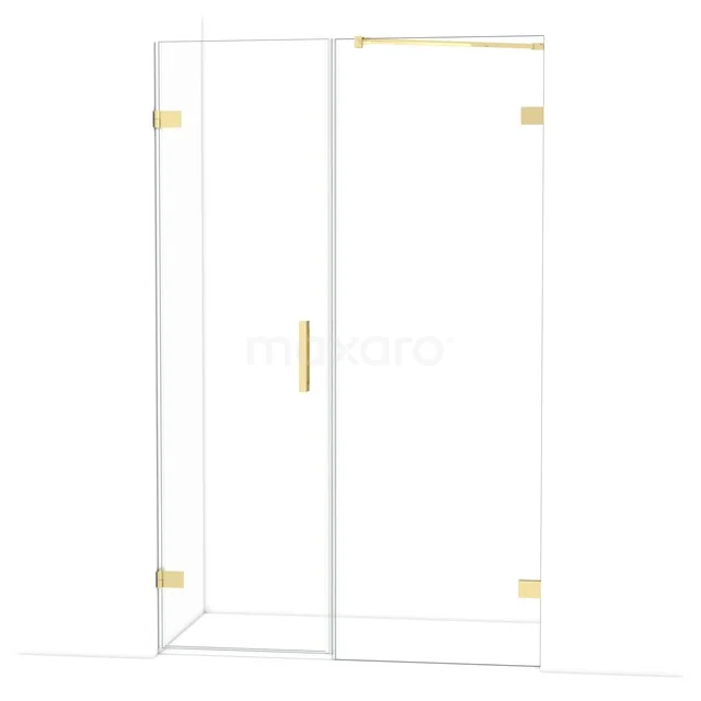 Glazen douchewand met goudkleurige accenten, minimalistisch design, ideaal voor een moderne badkamerinrichting.