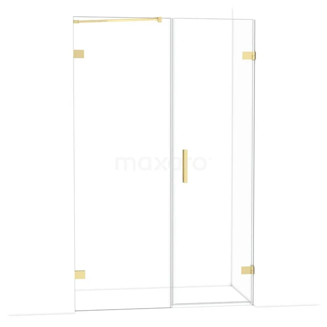 Duschtür mit Klarglas und goldenen Scharnieren, modernes Design, ideal für eine stilvolle Badezimmergestaltung.